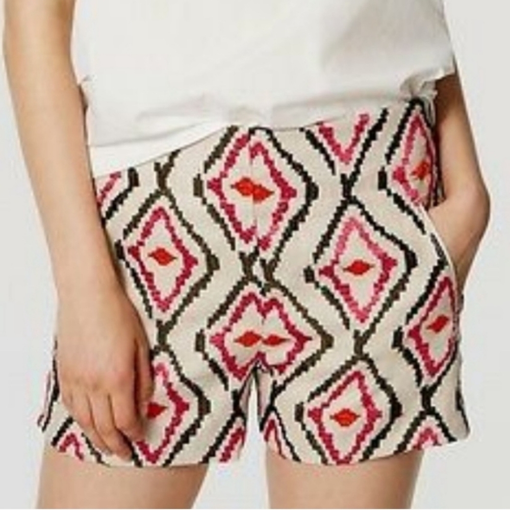 LOFT 3" The Riviera Shorts Embroidered Aztec Linen Shorts Size 2